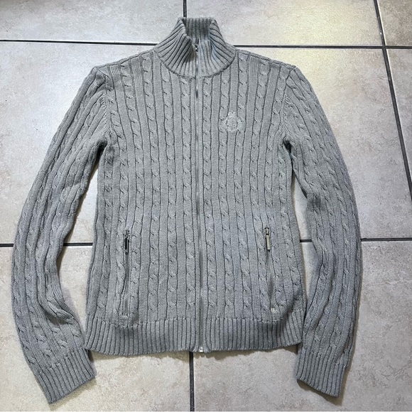 Ralph Lauren Women's Gray Cable Knit Full Zip-Up Sweater‎ Embroider Cotton  XS - Picture 1 of 8